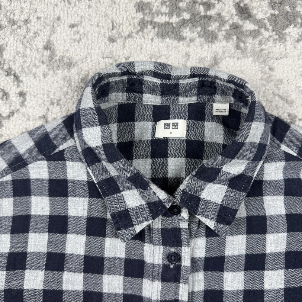 Uniqlo Flannel Shirt Women's Medium Blue Check Button Up Long Sleeve Cotton - Picture 6 of 8